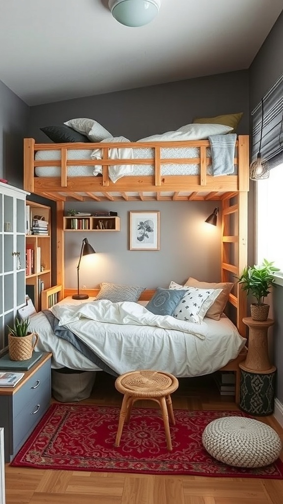 Cozy loft bed setup with a wooden loft bed, a comfortable sleeping area below, shelves, and decorative plants.
