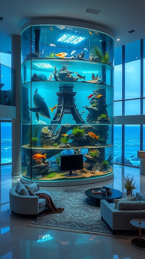 A multi-level aquarium display featuring colorful fish and aquatic plants, designed to enhance home interior.