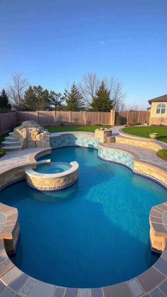 A multi-level sunken above-ground pool with a hot tub and stone features, surrounded by landscaping.