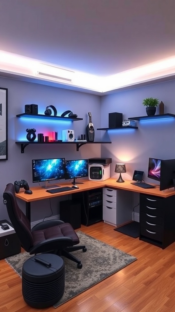 A modern gaming setup featuring two monitors, a comfortable chair, and stylish storage.