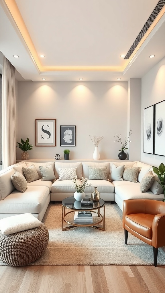 A modern lounge pit featuring a spacious sectional sofa, round coffee table, and accent chair, with plants and artwork on the walls.