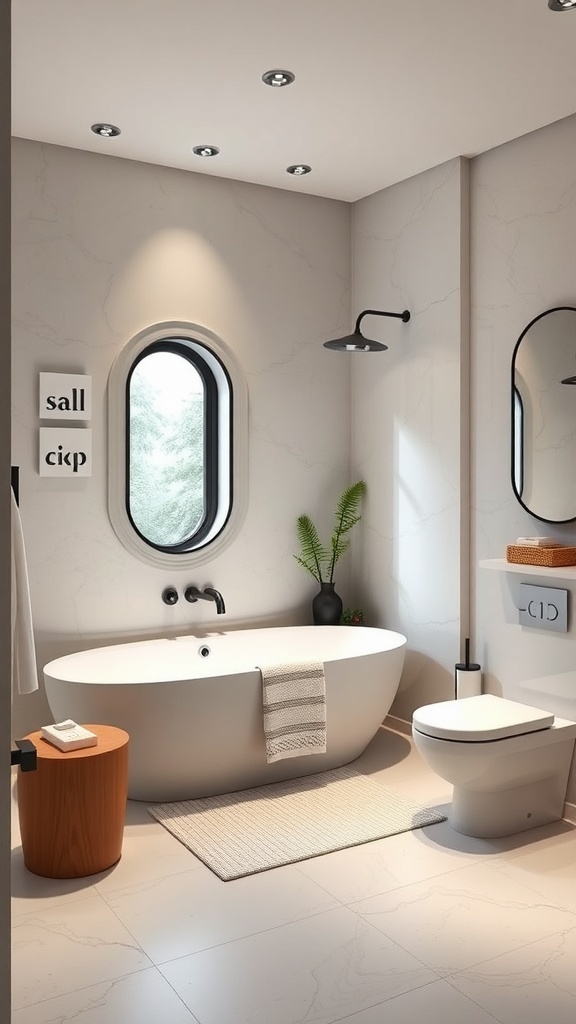 A modern bathroom featuring a sleek bathtub, round window, and minimal decor.