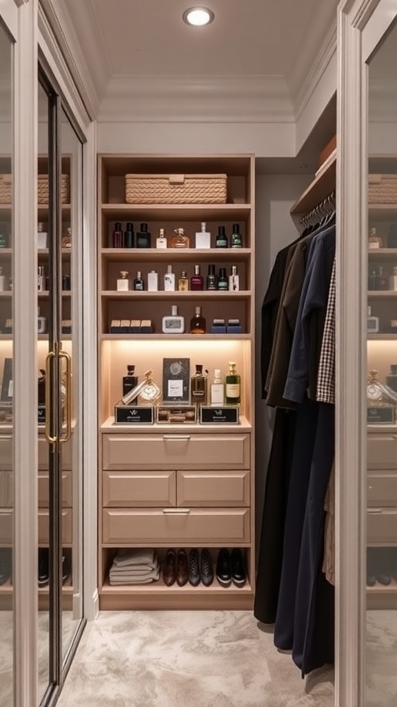 A well-organized fragrance station in a walk-in closet, featuring shelves of perfumes and a stylish drawer unit.