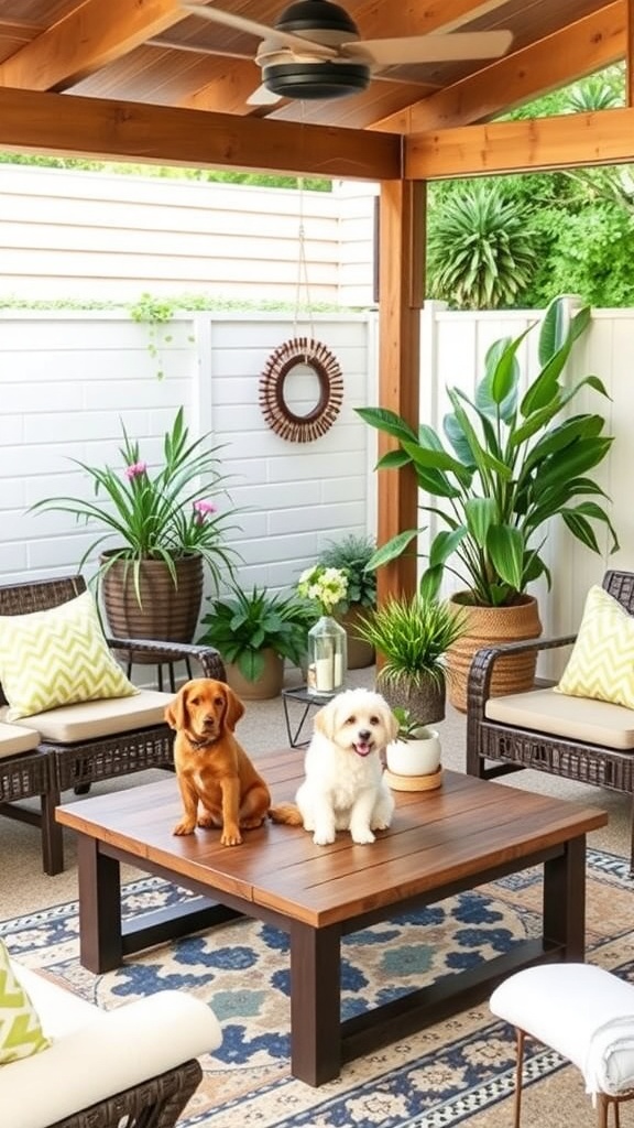 A cozy outdoor space with two dogs sitting on a wooden coffee table surrounded by plants and comfortable seating.