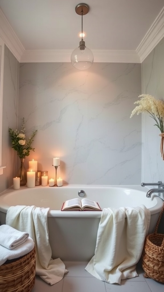 A cozy bathroom with a bathtub, candles, and a book, creating a relaxing atmosphere.