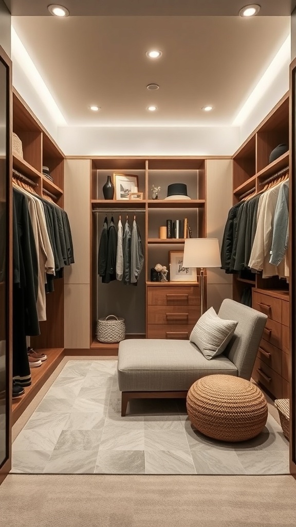 Cozy walk-in closet with a chair, pouf, and organized shelves