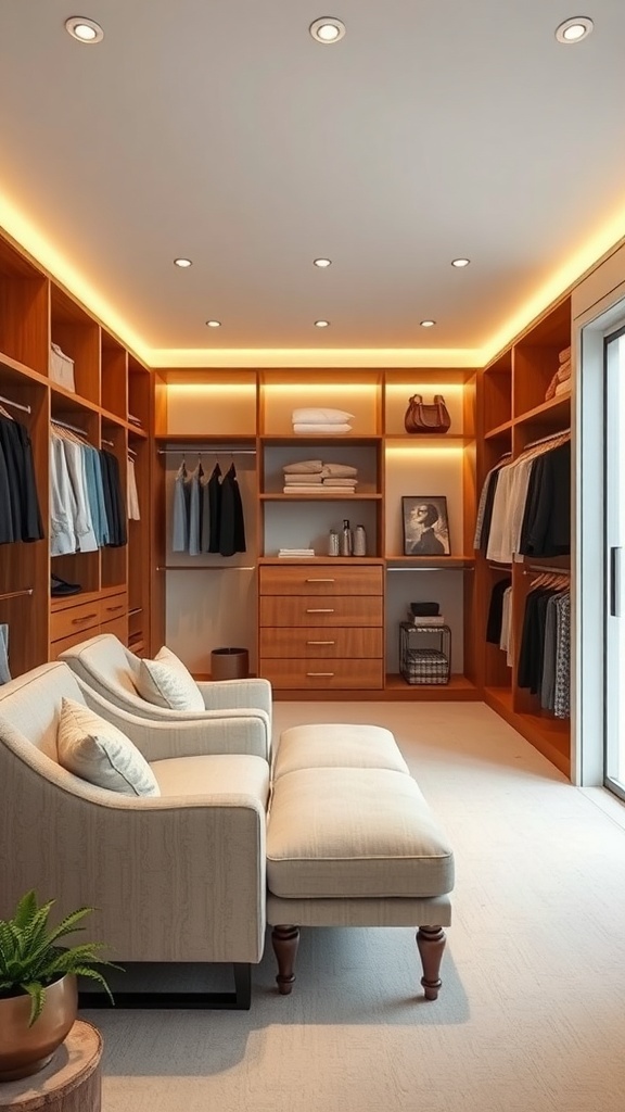 A cozy walk-in closet with wooden shelves, soft lighting, and comfortable seating.