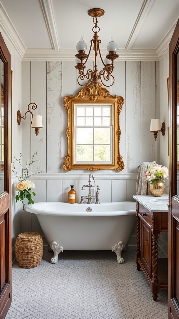 A Rococo-inspired bathroom featuring a freestanding tub, ornate mirror, and elegant chandelier.