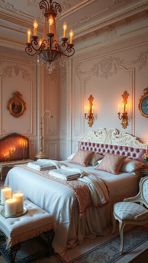 A beautifully styled Rococo bedroom with a chandelier, warm lighting, and elegant decor.