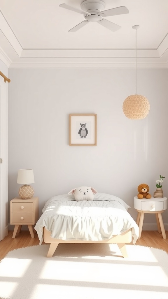 Cozy kids bedroom with soft colors, low bed, plush toys, and natural light