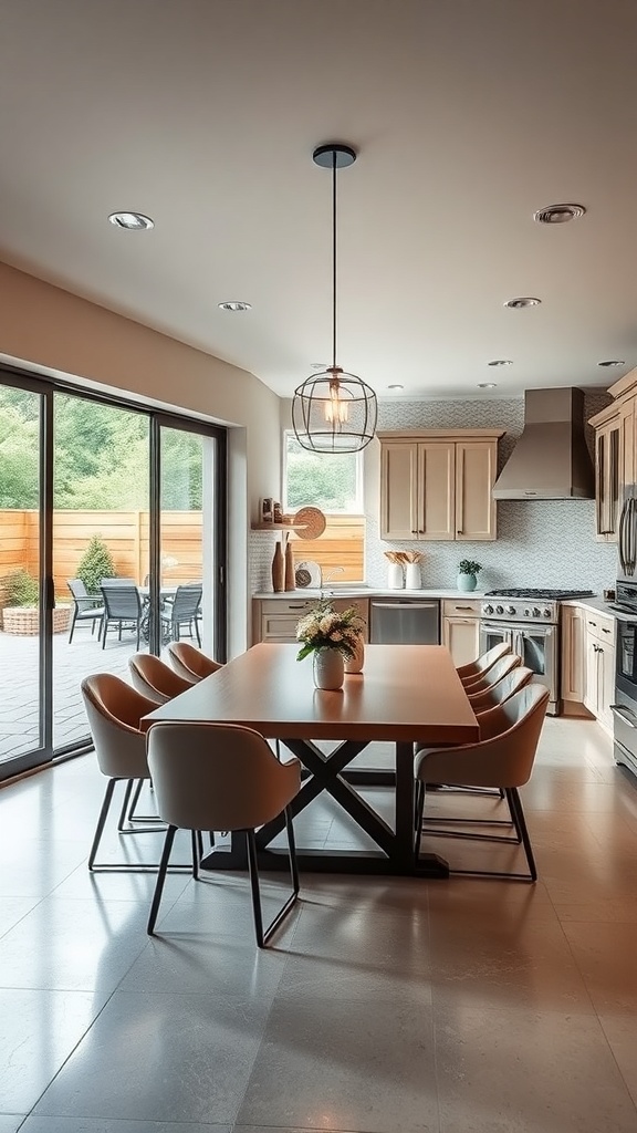 Modern kitchen with a large dining table and glass doors leading to an outdoor patio.
