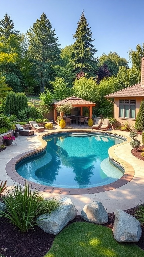 A sunken above ground pool surrounded by lush landscaping and seating areas.