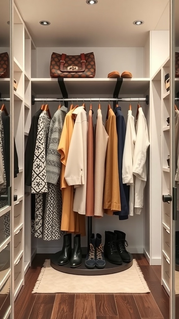 A well-organized walk-in closet with a seasonal rotating rack featuring clothing and boots.