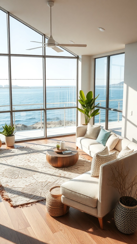 A bright, airy living room with ocean views, featuring large windows, a cozy sofa, and plants.