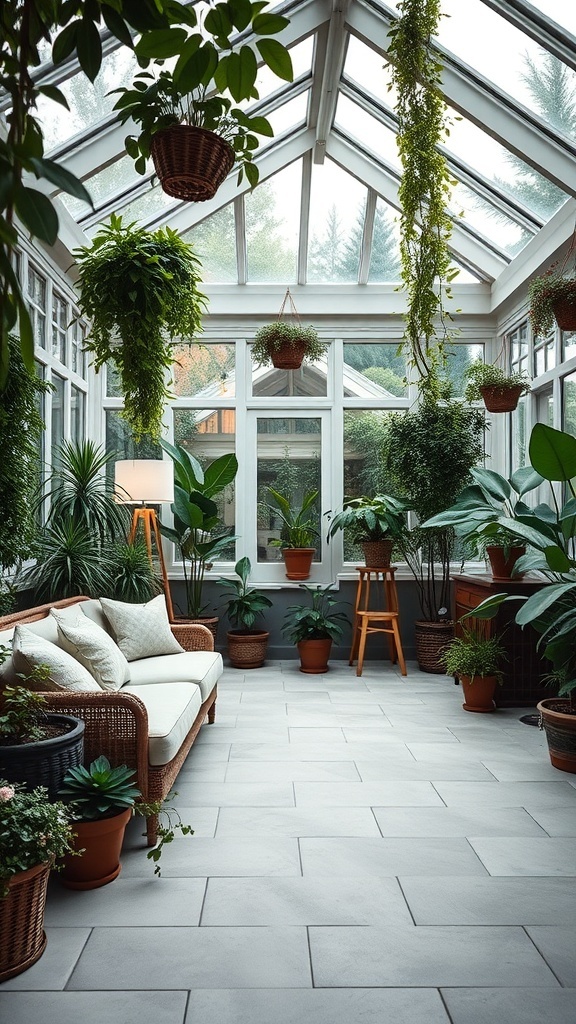 A beautifully designed conservatory with various plants, a cozy seating area, and a glass ceiling.