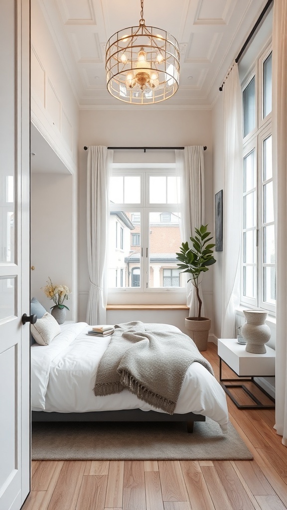 Cozy bedroom with a small walk-in closet, featuring natural light and stylish decor.