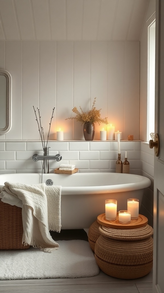 A minimalist cottage bathroom with a freestanding tub, candles, and natural decor.