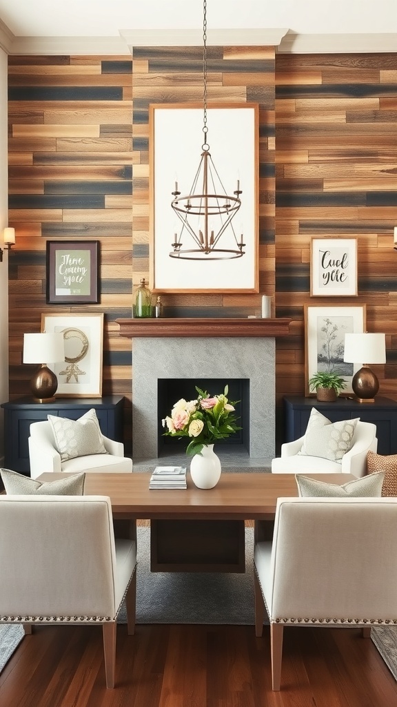 A cozy living room with a wooden statement wall, elegant chandelier, and stylish decor.