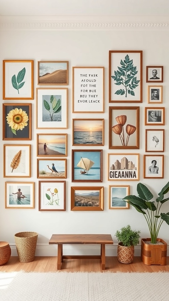 Gallery wall featuring various framed artworks, including nature, portraits, and text art, complemented by plants and a wooden bench.