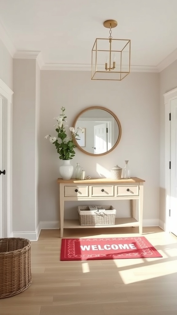 A stylish entryway featuring a console table, mirror, potted plant, and a welcome mat.