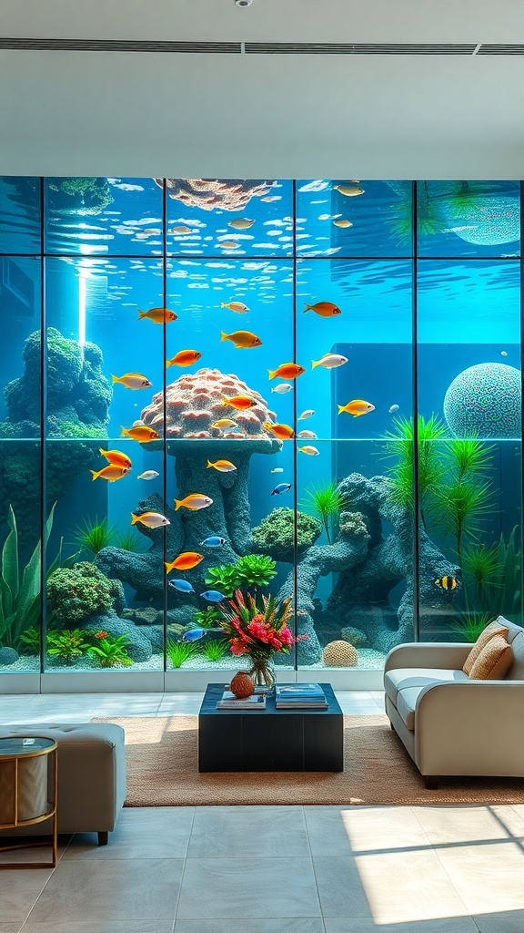 A beautifully designed aquarium with colorful fish and coral, serving as a focal point in a modern living room.