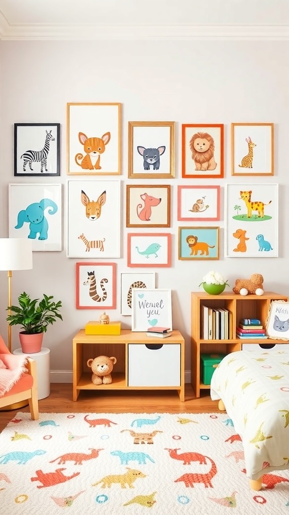 A colorful gallery wall featuring animal illustrations in various frames.