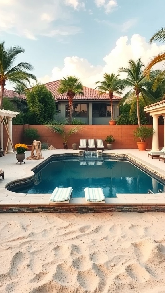 A sunken above-ground pool surrounded by palm trees and sandy area, creating a tropical theme.