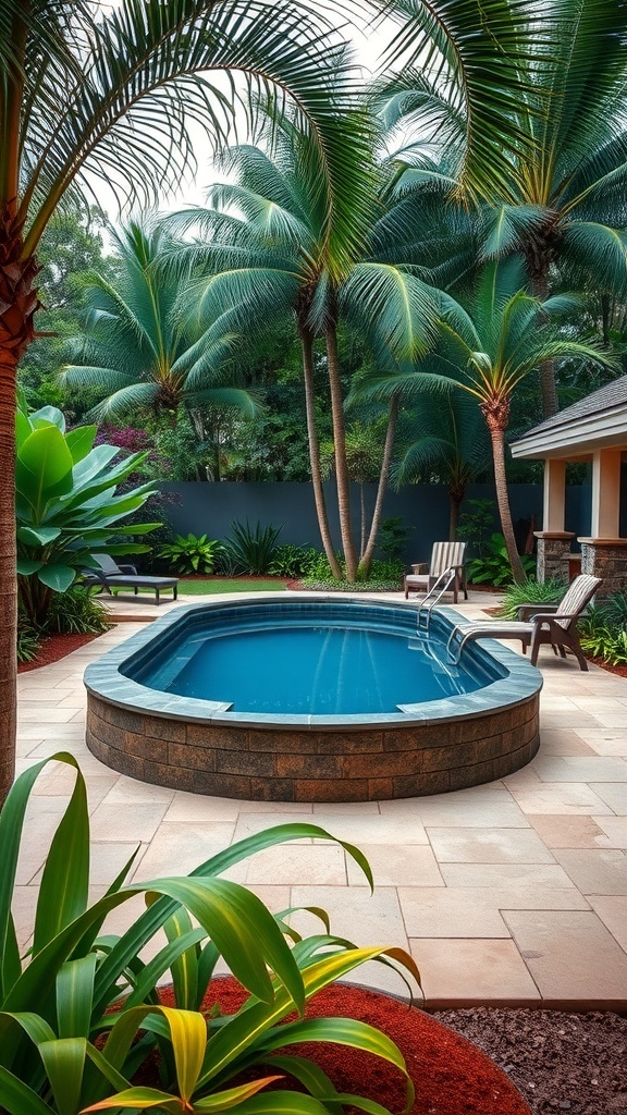 A tropical backyard with a sunken above ground pool surrounded by palm trees and lush plants.