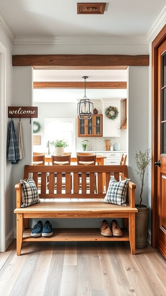 A rustic farmhouse entryway featuring a wooden bench with plaid pillows, shoes underneath, and a welcoming sign.