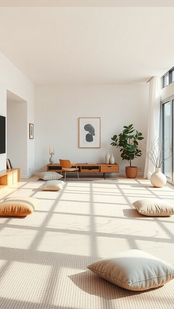A minimalist living room with floor cushions, a wooden table, and plants, designed for meditation.