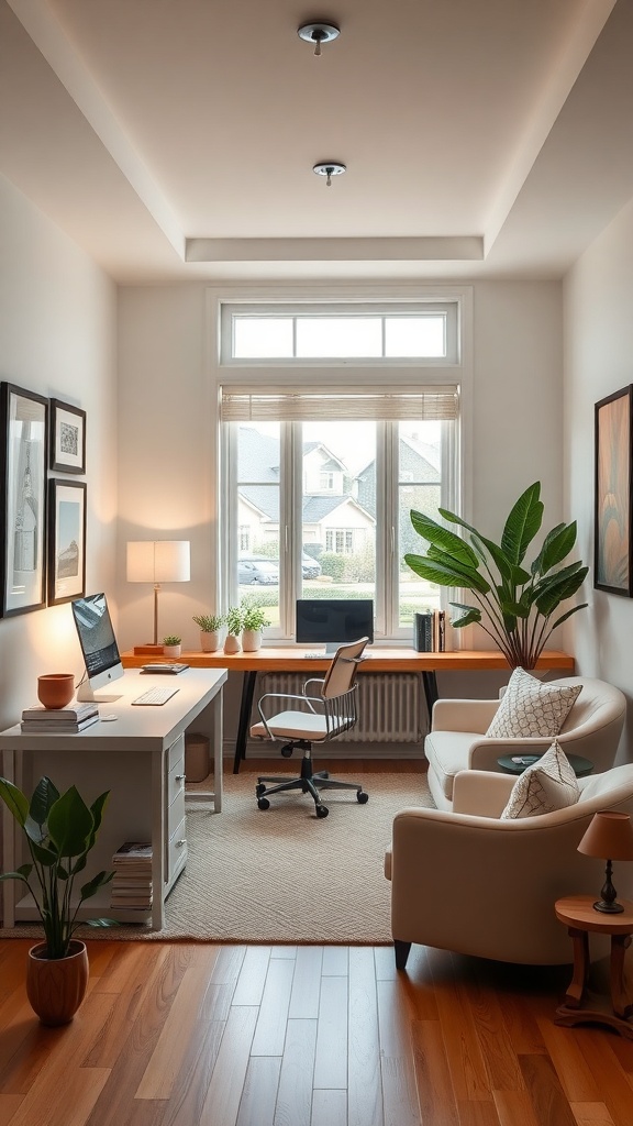 A serene home office with a desk, chair, plants, and natural light.