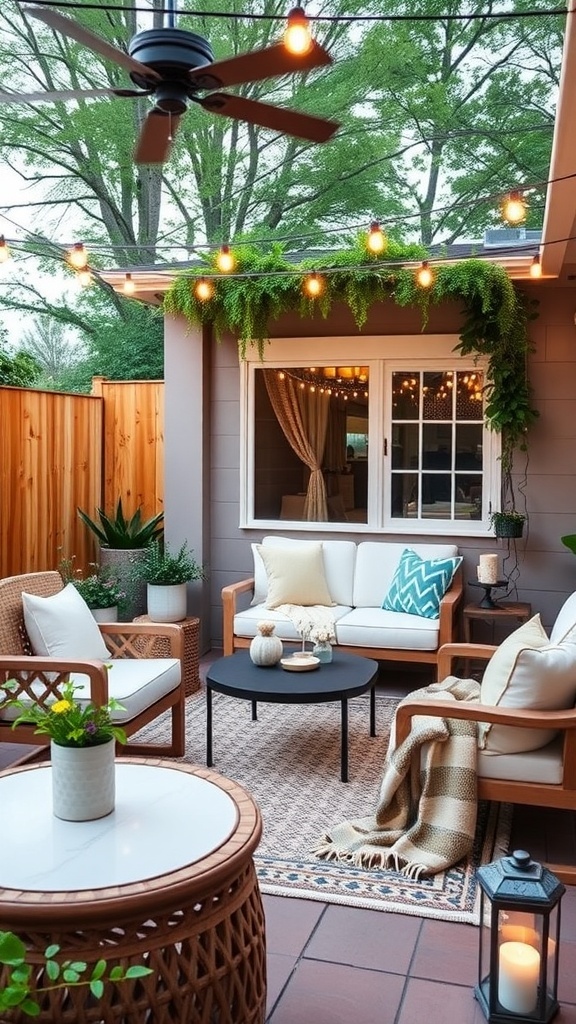 Cozy outdoor patio with comfortable seating, string lights, and plants.