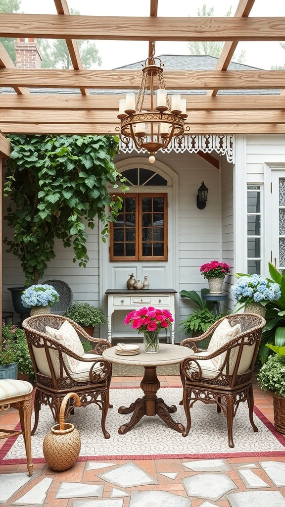 A cozy outdoor space featuring wicker chairs, a round table with flowers, and a chandelier under a wooden pergola.