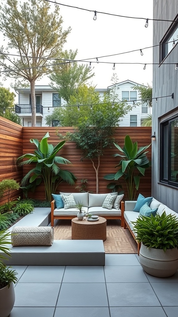 Outdoor sunken lounge with comfortable seating, plants, and string lights.