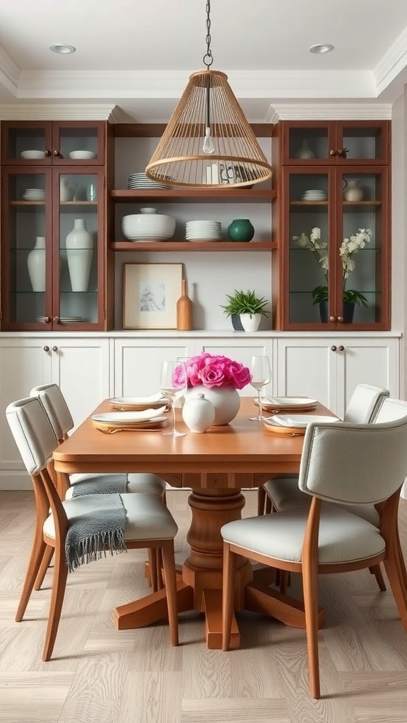 A modern dining area featuring a wooden table with matching chairs, elegant decor, and a stylish light fixture.