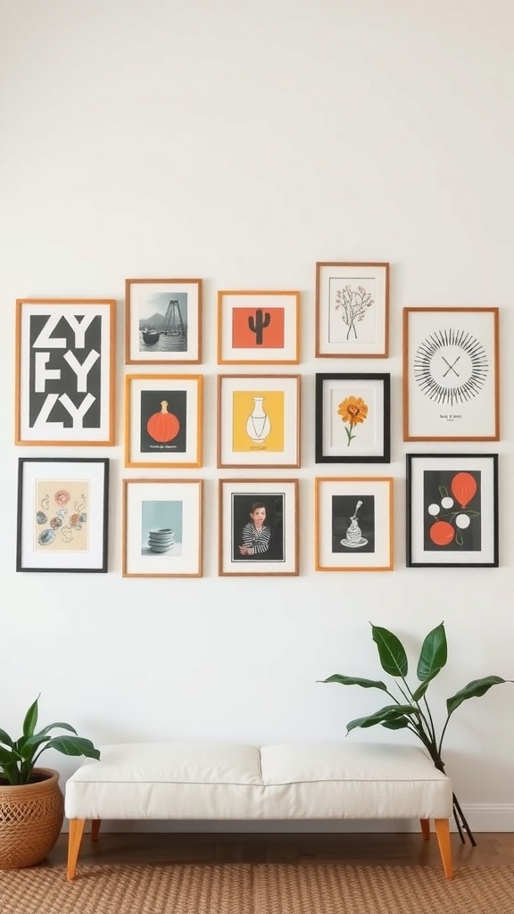 Gallery wall with symmetrical arrangement of framed artworks and plants