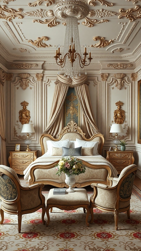 A luxurious Rococo bedroom featuring a central bed, matching nightstands, ornate chandelier, and symmetrical decor.