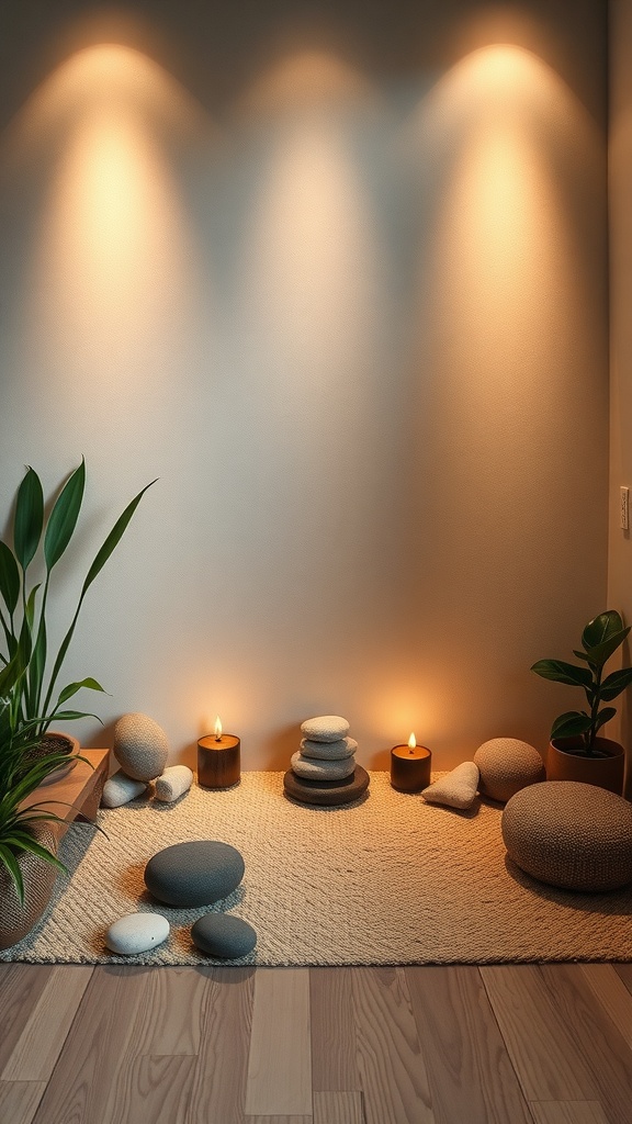 A serene mindfulness area with smooth stones, candles, and plants, creating a calming atmosphere.