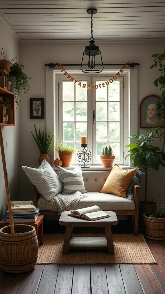 A cozy nook with a sofa, cushions, plants, and natural light.
