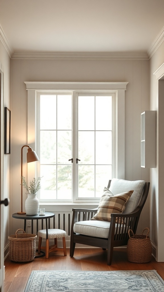 A cozy nook featuring a comfortable chair, side table, lamp, and decorative baskets.