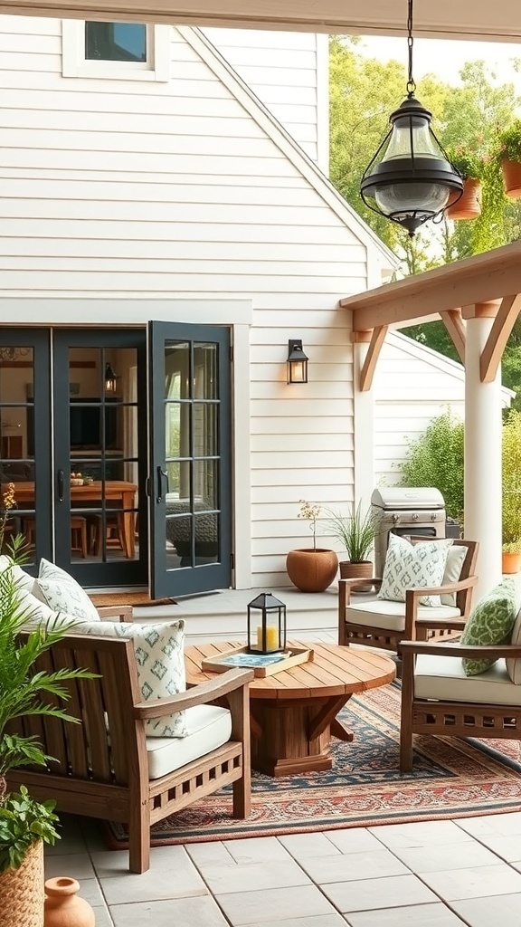 Cozy outdoor seating area with wooden chairs, a round coffee table, and potted plants.