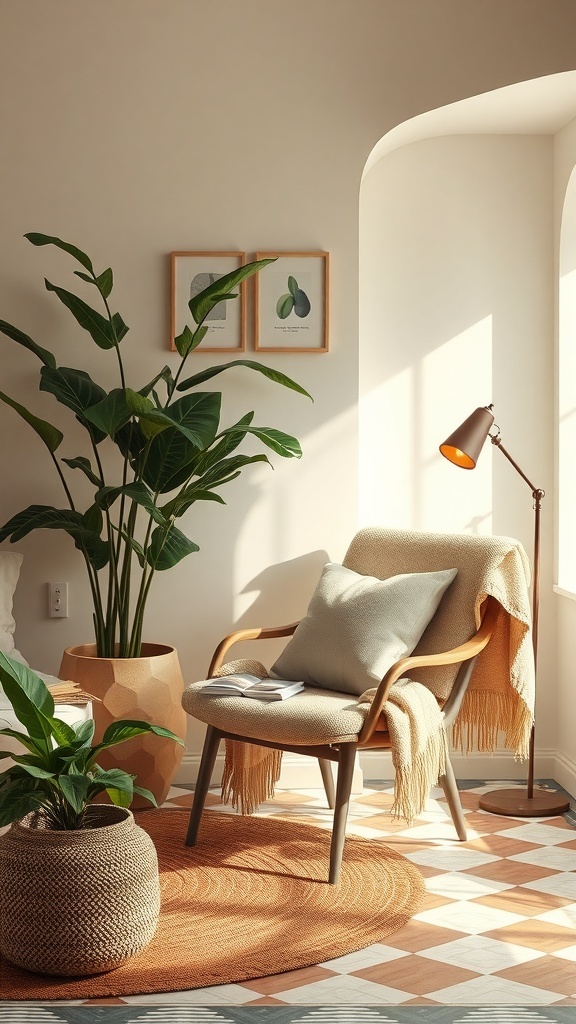 Gemütliche Leseecke mit Stuhl, Pflanzen und Kunstwerken