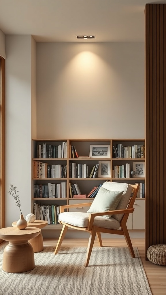 Cozy reading corner with a chair, side table, and bookshelves.