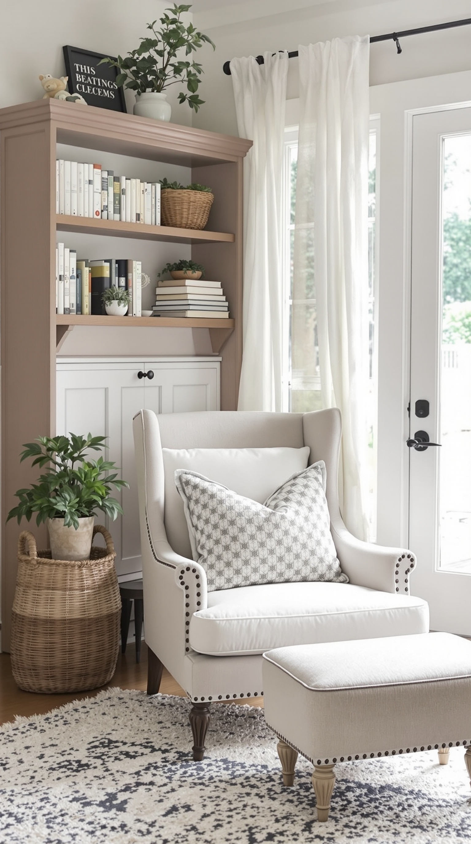 Cozy reading nook with a white armchair, bookshelf, and natural light