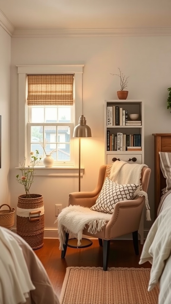 A cozy reading nook with a chair, blanket, and bookshelf in a minimalist farmhouse bedroom.