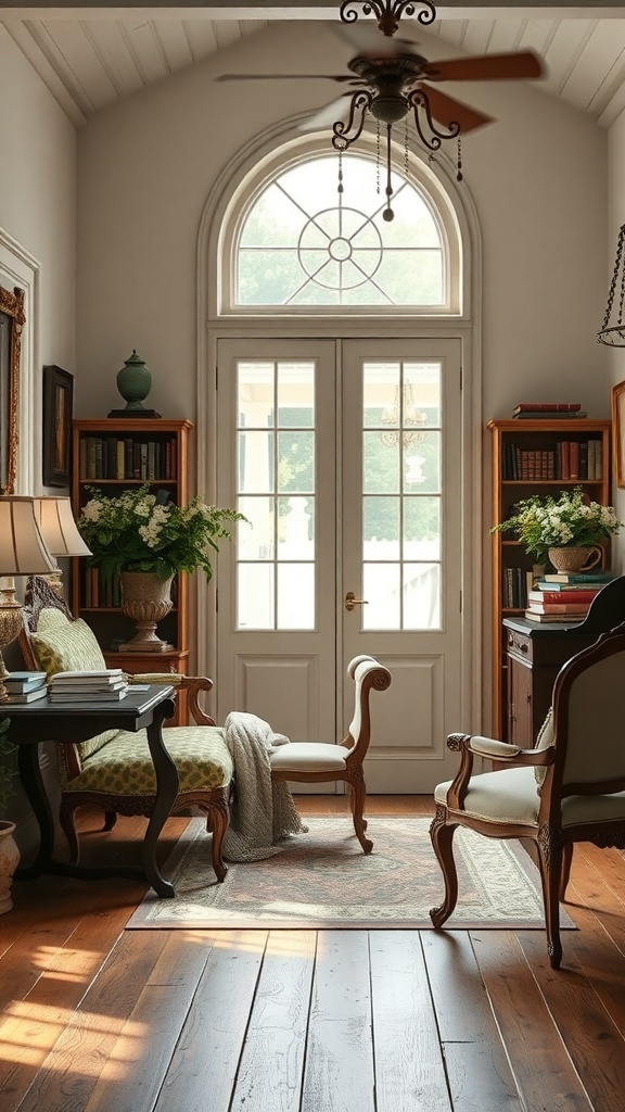 Cozy reading nook with a large window, comfortable chairs, and bookshelves.