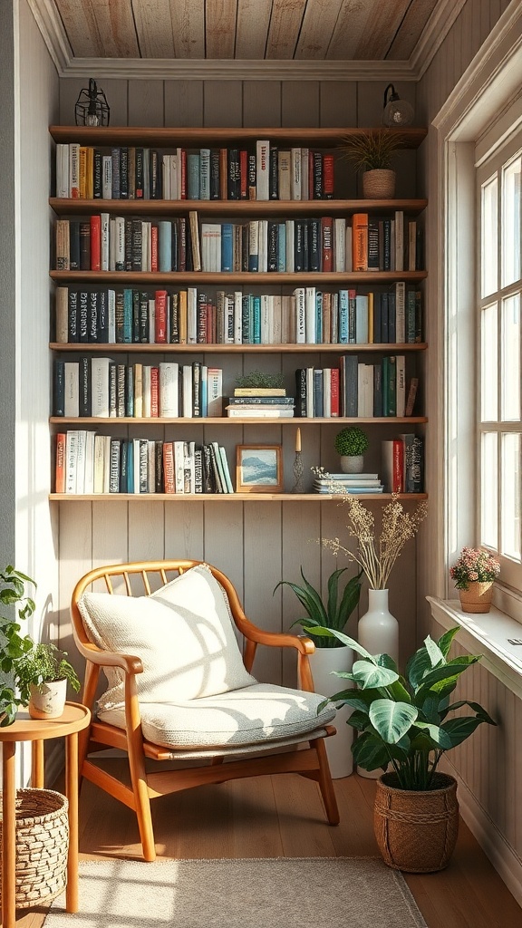A cozy reading nook with a wooden chair, bookshelves filled with books, and potted plants.