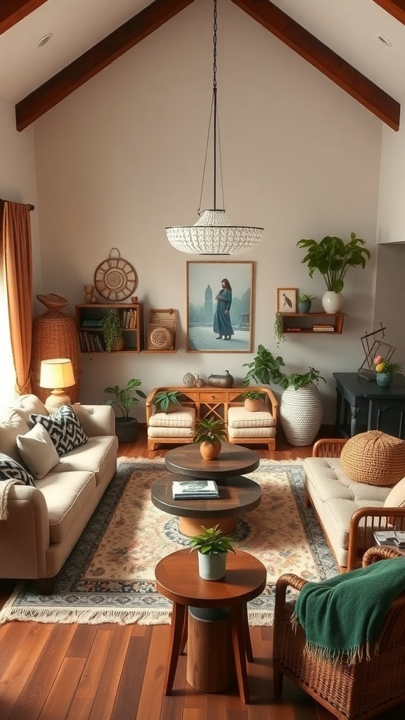 Cozy living room with soft sofas, wooden accents, plants, and warm lighting.