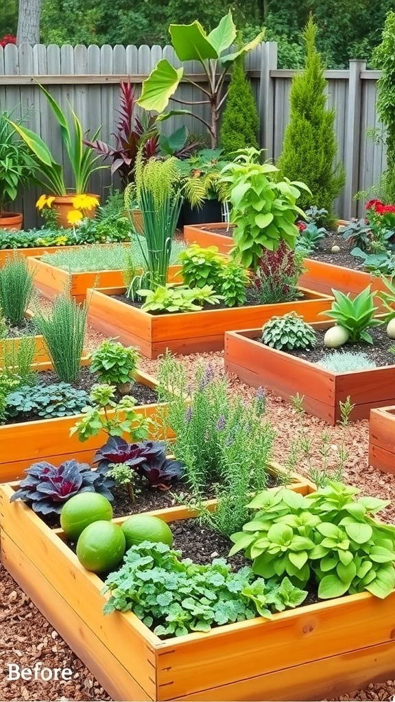 A vibrant edible garden with raised wooden beds filled with various herbs, vegetables, and fruits.