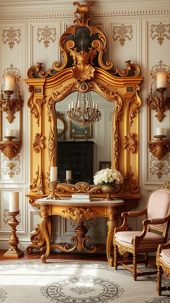 A grand ornate gold mirror above a stylish console table in a vintage Rococo interior.